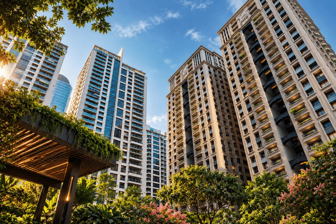 High-rise residential and commercial towers with landscaped surroundings, representing ANV Tech's building sector work.