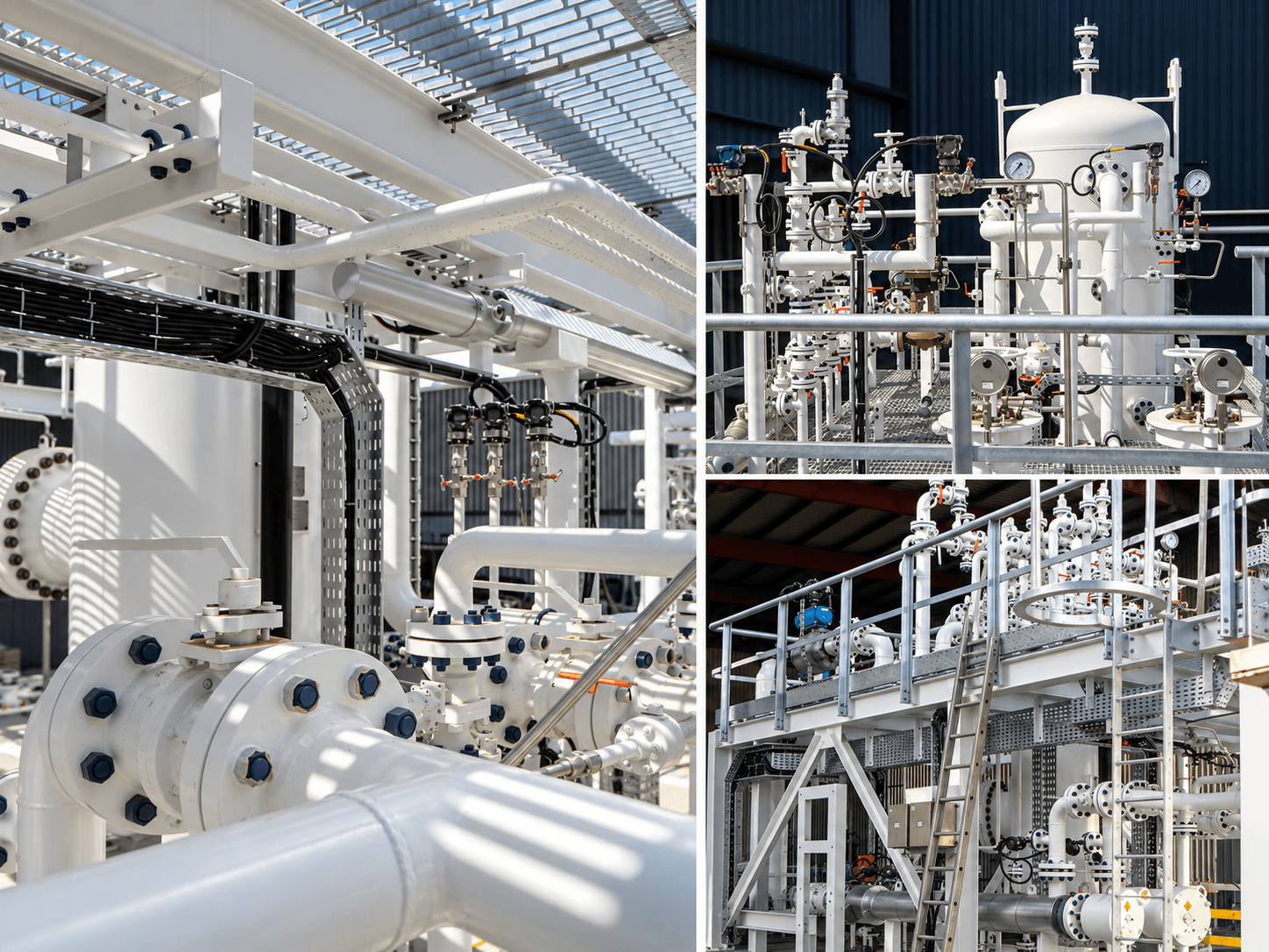 Industrial electrical, instrumentation and telecom installation work by ANV Tech, including skid-mounted vessels and an elevated pipe rack with access platform.